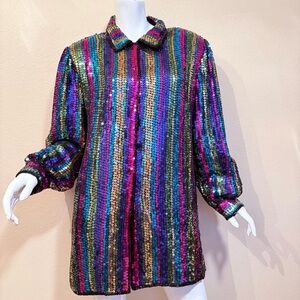Vintage Jewel Queen Multicolor Sequin Silk Striped Shirt/Jacket